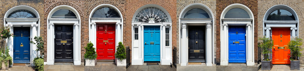 Collage set of colorful Dublin doors, Ireland