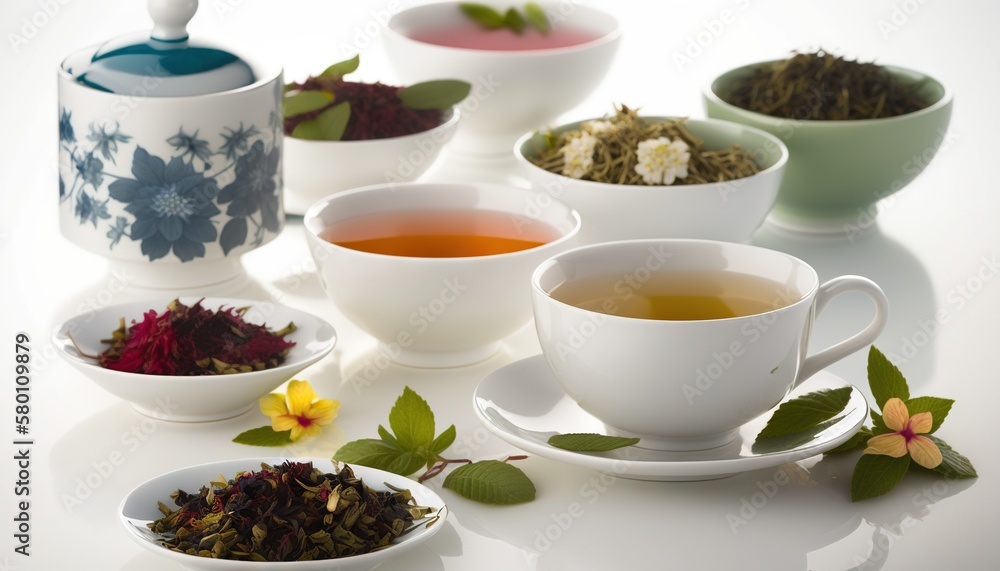Aufkleber a white table topped with bowls filled with different types of teas and cups filled with different t