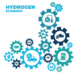 Hydrogen economy vector illustration. Concept with connected icons related to hydrogen use as fuel, in industrial processes, hydrogen storage and transport