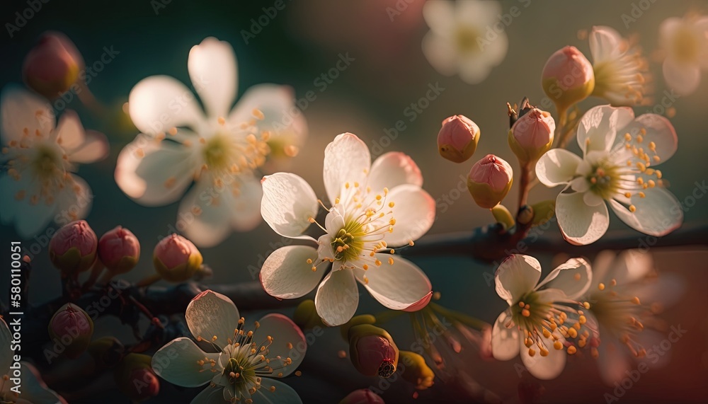 Poster a close up of a flower on a tree branch with blurry backround in the backround of the photo, with a 