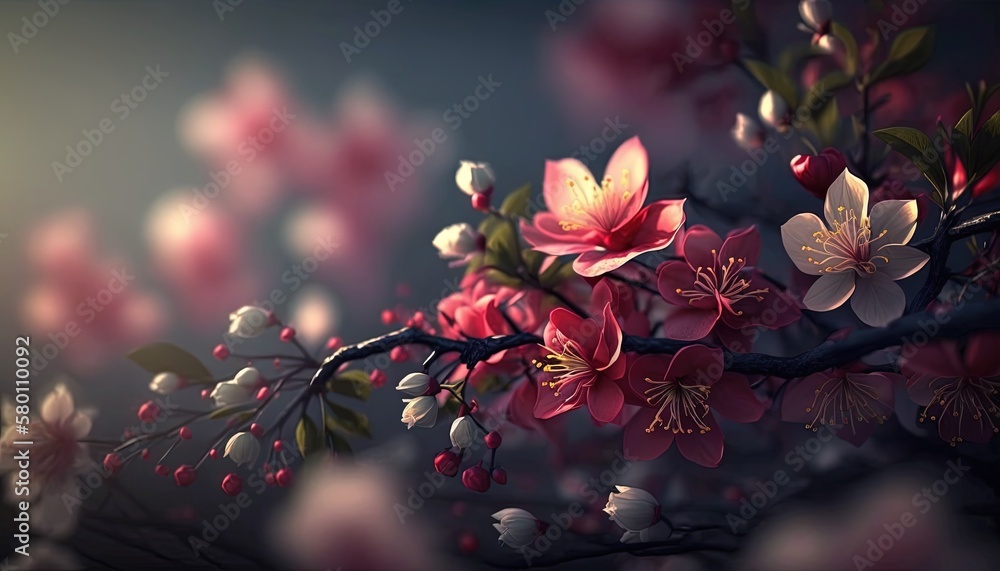 Aufkleber a branch of a tree with pink and white flowers on it's branches and a dark background with a soft li