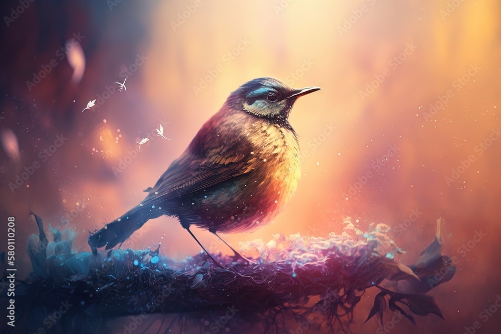 Poster a painting of a bird sitting on top of a tree branch with a sunset in the background and a few birds