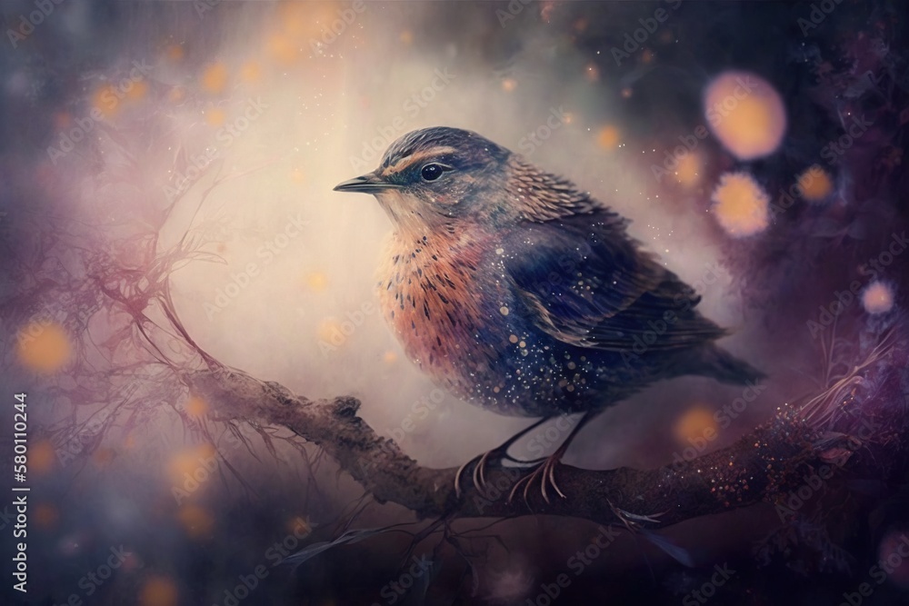 Poster a painting of a bird sitting on a branch in a tree filled with falling leaves and a light shining on