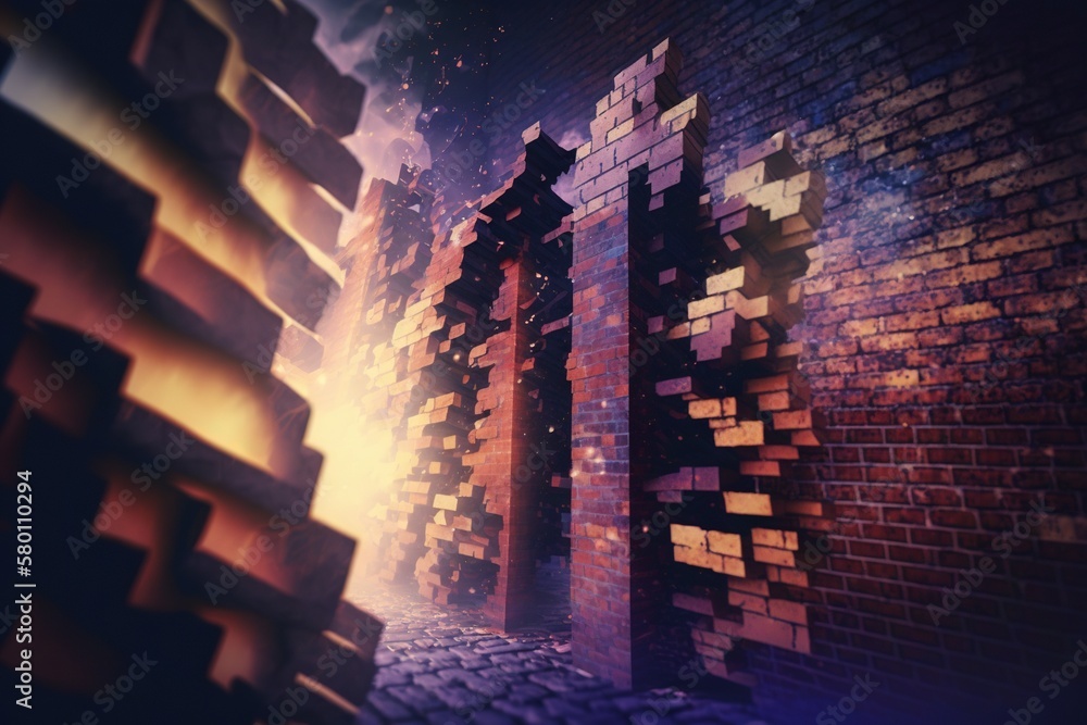 Poster a computer generated image of a brick wall and a street with a clock tower in the middle of the pict