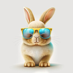 Fototapeta na wymiar Cool bunny with sunglasses on a white background. Happy Easter card. Generative AI