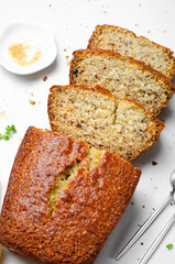 Coconut Banana Loaf, Banana Bread on Bright Background