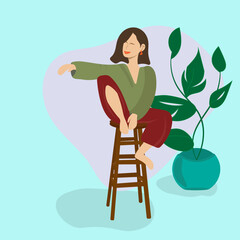 cute flet girl sitting on a high chair with a flower in the background  © Катерина Зайцева