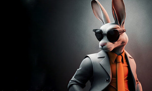 Elegant adult rabbit wearing a formal jacket and sunglasses on a dark color background. Generative AI.