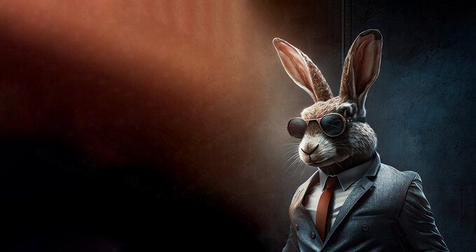 Elegant adult rabbit wearing a formal jacket and sunglasses on a dark color background. Generative AI.