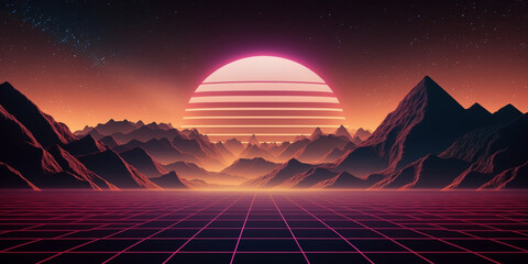 Retro Sci-Fi Background Futuristic Grid landscape of the 80s. Digital Cyber Surface. Suitable for design - Generative AI