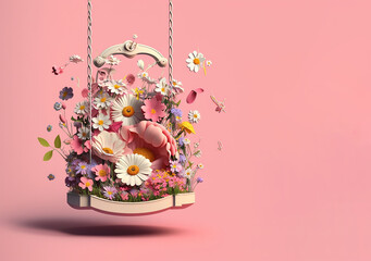 illustrazione di altalena piena di fiori, tono su tono, sfondo rosa, copy space, per biglietti di auguri o livello fotografico, 3d render creato con intelligenza artificale - obrazy, fototapety, plakaty