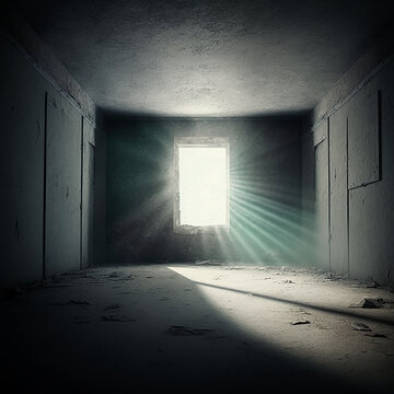 sfondo di interno vuoto con muri di cemento e luce che arriva dalla finestra frontale, immagine grunge di ambiente vuoto e abbandonato ideale per inserimento prodotto o persone in photoshop, creato co