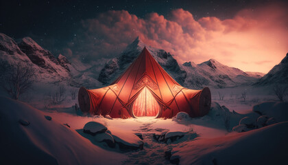 Red tent in the snow in winter in the mountains created with generative AI technology