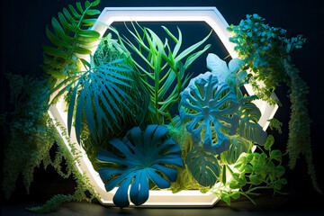 White Neon Light with Tropical Plants. Hexagon-shaped Fluorescent Frame in Nature Environment. Generative Ai,  nature, neon, light, white, hexagon, fluorescent.