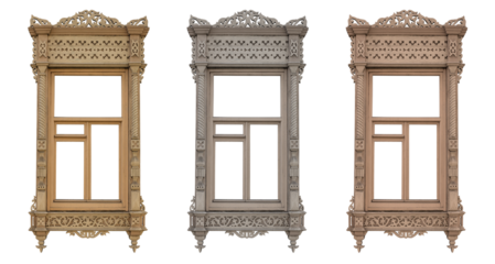 Old wooden window frame with patterns on a transparent background. isolated object. Element for design