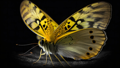 butterfly flying, isolated black background, generative ai