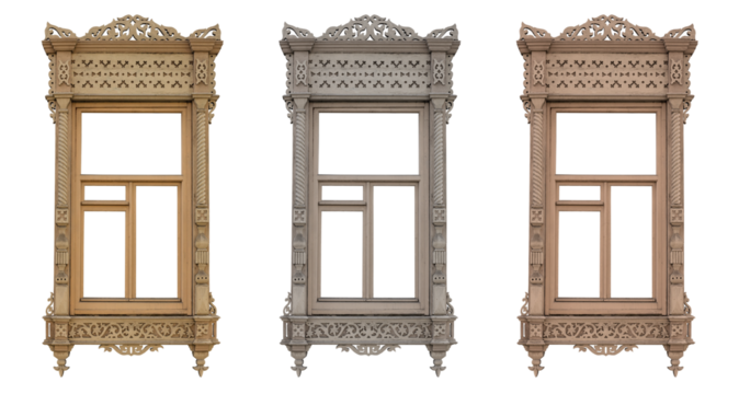 Old wooden window frame with patterns on a transparent background. isolated object. Element for design