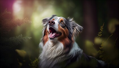 A portrait-style shot of the dog with a blurred background of trees and bushes, looking off to the side with its tongue sticking out Generative AI