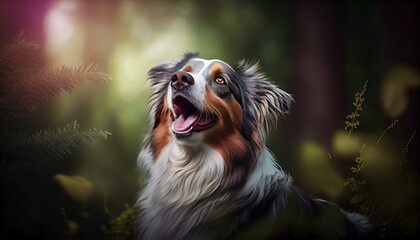 Naklejka premium A portrait-style shot of the dog with a blurred background of trees and bushes, looking off to the side with its tongue sticking out Generative AI
