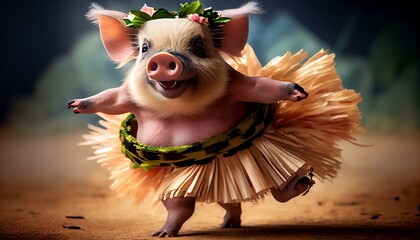 A mini pig with a hula skirt, dancing at a luau party. Generative AI - obrazy, fototapety, plakaty
