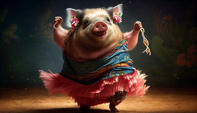 A mini pig with a hula skirt, dancing at a luau party. Generative AI