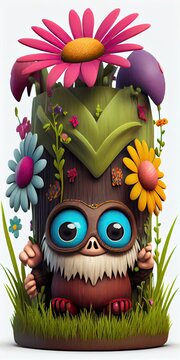 Little monster totem surrounded by flowers and grass. Generative AI