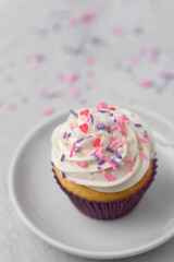 Single Vanilla Cupcake with White Icing and Sprinkles on a White Plate