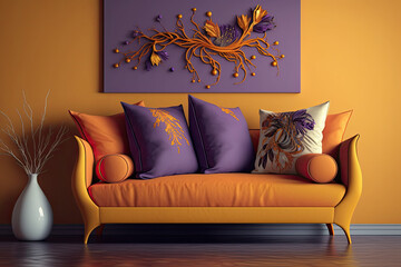 Saffron colored sofa with cushions. Interior design illustration of a couch reated using generative AI tools.
