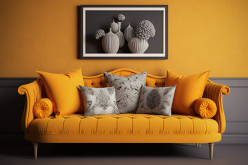 Saffron colored sofa with cushions. Interior design illustration of a couch reated using generative AI tools.