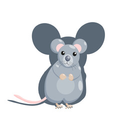 Gray mouse cartoon character with big ears on white background with shadow, vector isolated.