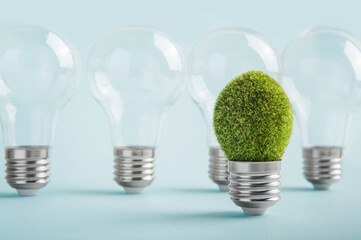 Environmental protection, renewable, sustainable energy sources. Transparent light bulbs with one...