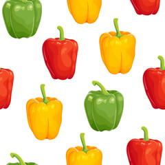Three colored sweet peppers, a juicy healthy vegetable with a tail. Seamless pattern isolated on white background.