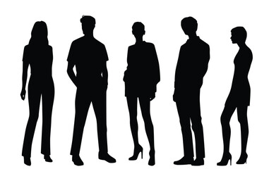 Vector silhouettes of  men and a women, a group of standing  business people, black color isolated on white background