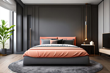 Bedroom interior design concept in modern style. Dominant dark shades of grey colour with coral tone accents in a sunny room. 3D visualization type Ai illustration.