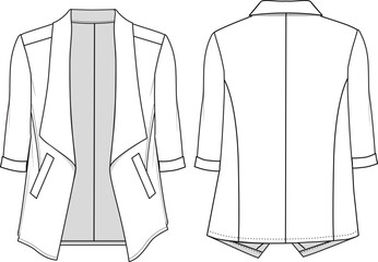 Women's Waterfall Jacket- Technical fashion illustration. Front and back, white color. Women's CAD mock-up.
