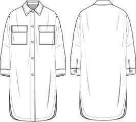 Women's Longline Shacket. Technical fashion illustration. Front and back, white color. Unisex CAD mock-up
