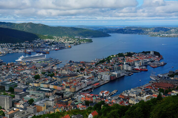 Panorama of Bergen, Norway from a hill with a funicular railway