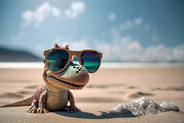 Fototapeta na wymiar Cute dino in summer on the seaside beach with sunglasses. Vacation on the sunny beach.