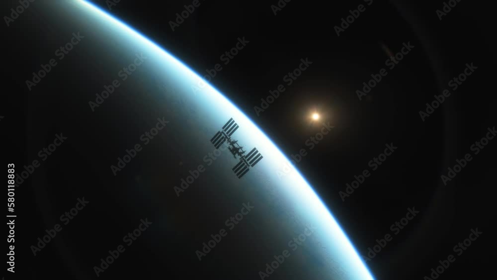 Wall mural international space station iss floating in orbit above planet earth in outer space
