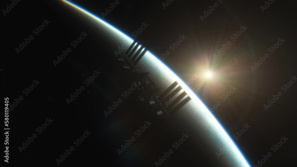 Wall mural international space station iss floating in orbit above planet earth in outer space. view from space
