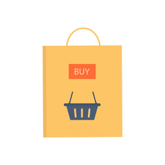 Paper bag for purchases, empty, with the inscription buy and with a shopping basket. Flat vector illustration.