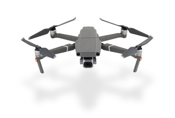 New dark grey drone quadcopter with digital camera and sensors flying isolated on white background