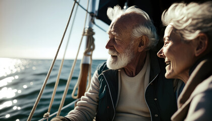 Blue Skies and Ocean Breeze: Senior Citizens' Relaxing Boat Trip (created with Generative AI)