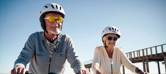 Active Lifestyle: Senior Couple's Leisurely Ride on Beach Promenade (created with Generative AI)