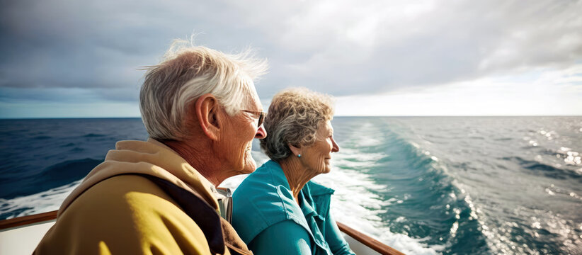 Retired Life on the Ocean: Senior Couple Enjoying a Day on a Boat (created with Generative AI)