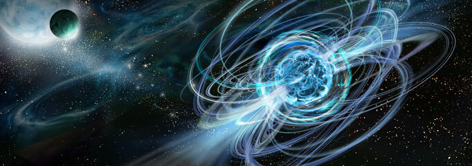 Magnetar, neutron star with powerful magnetic field on a background deep space and exoplanets. 3D illustration