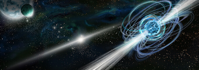 3D illustration of magnetar, neutron star with magnetic field in space
