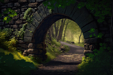 stone arch wall entrance in the forest.