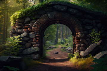 stone arch wall entrance in the forest.