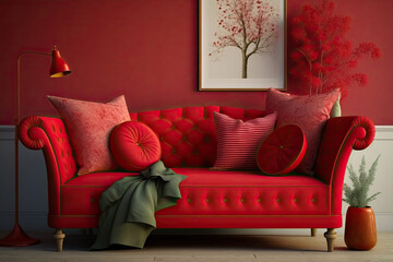 straberry red colored sofa with cushions. Interior design illustration of a couch reated using generative AI tools.
